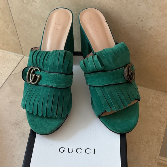 Gucci Shoes - Gucci Teal Fringe Mules with Logo Accent